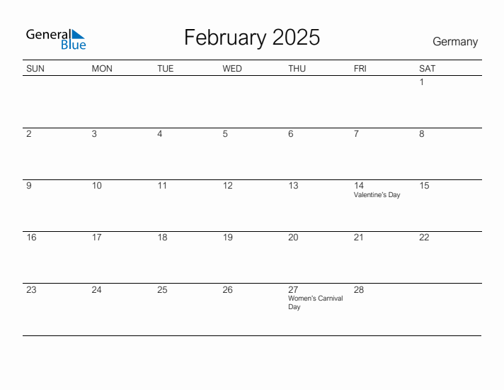 Printable February 2025 Calendar for Germany