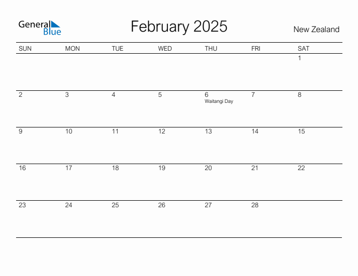 Printable February 2025 Calendar for New Zealand