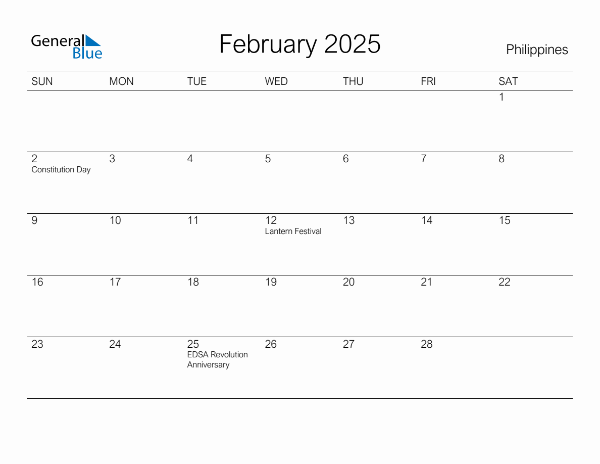 Printable February 2025 Monthly Calendar with Holidays for Philippines