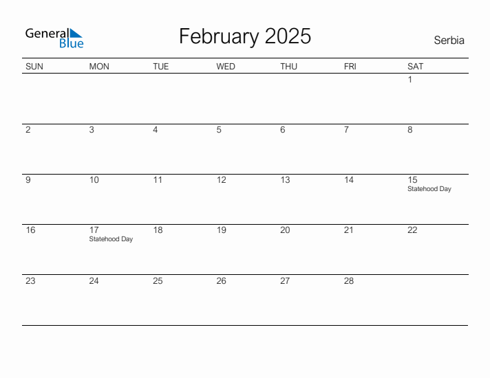 Printable February 2025 Calendar for Serbia