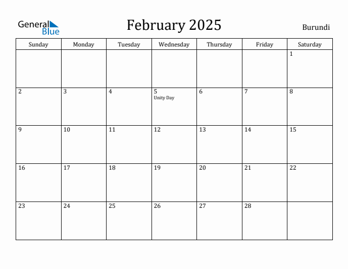 February 2025 Calendar Burundi