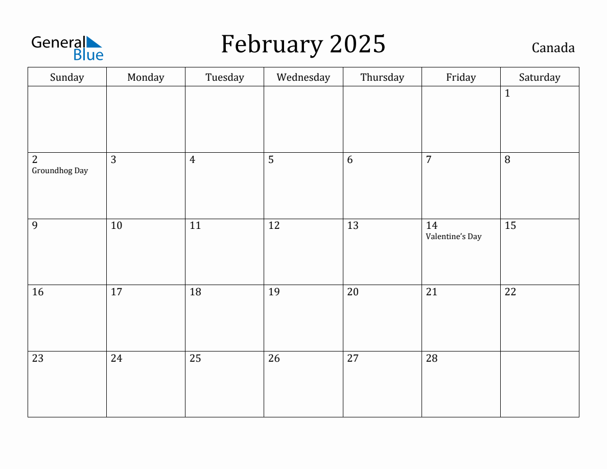 February 2025 monthly calendar with holidays in Canada