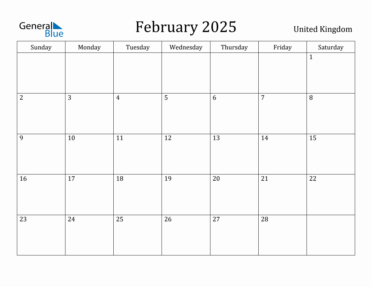 February 2025 monthly calendar with holidays in United Kingdom