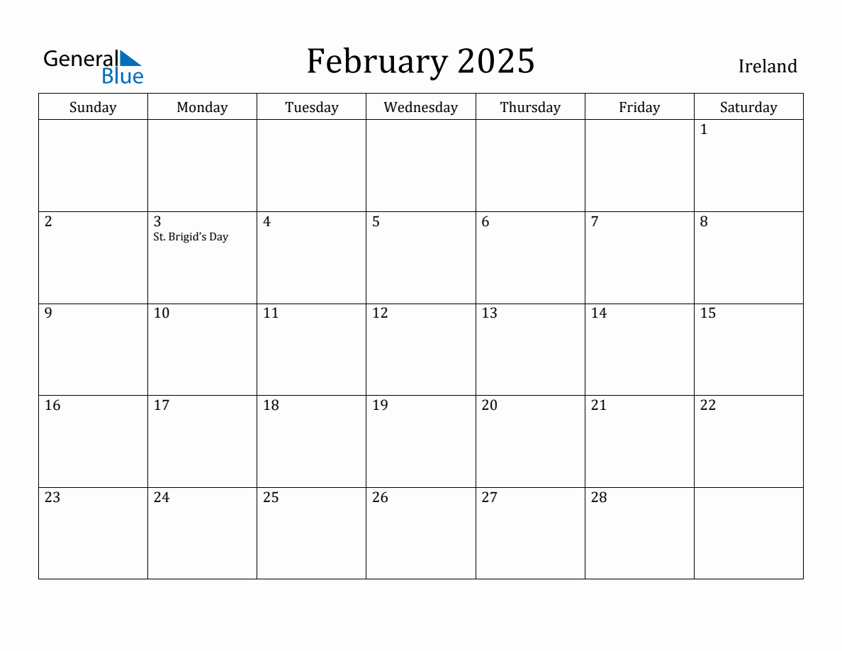 February 2025 monthly calendar with holidays in Ireland