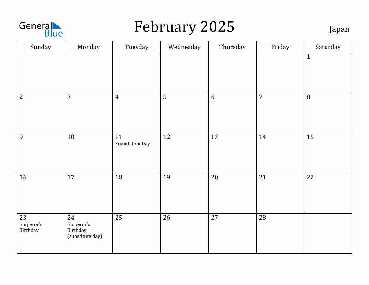 February 2025 monthly calendar with holidays in Japan