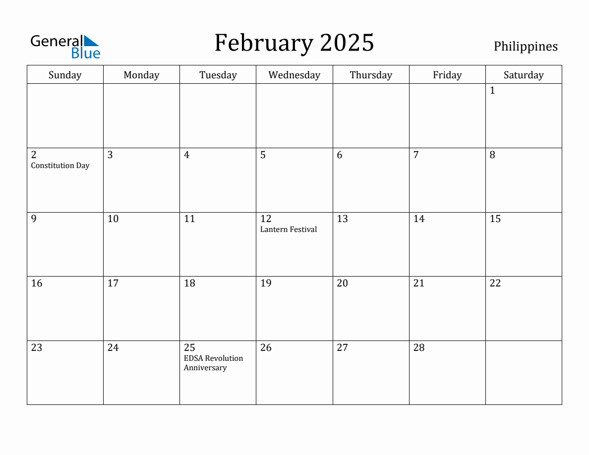 February 2025 monthly calendar with holidays in Philippines