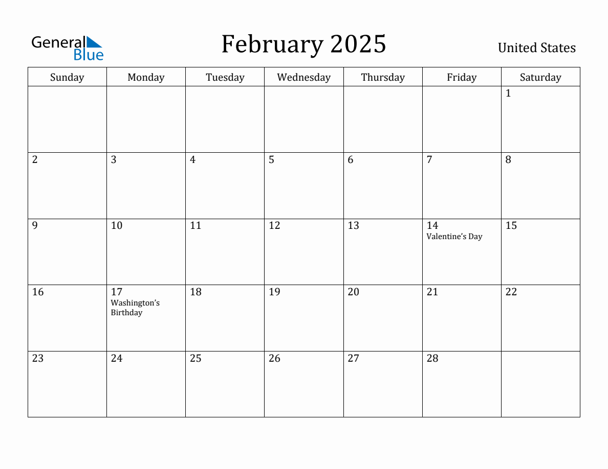 February 2025 monthly calendar with holidays in United States