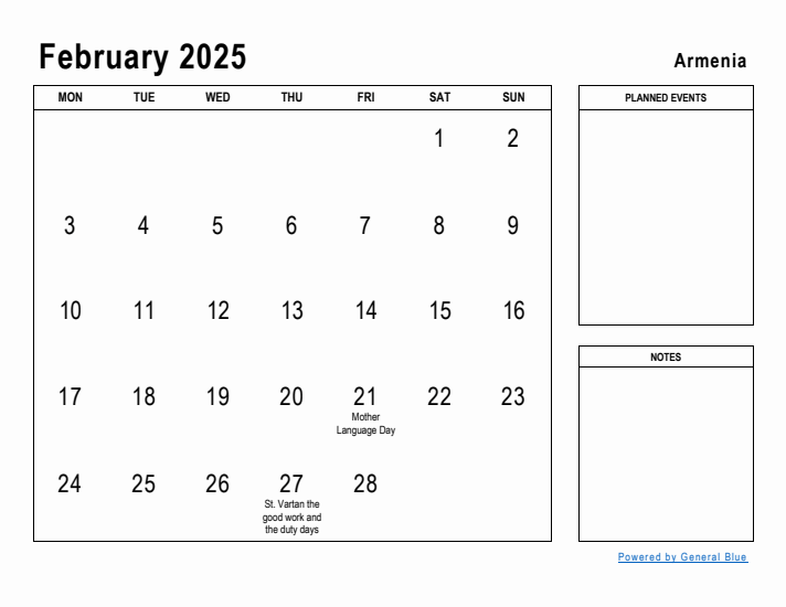 February 2025 Printable Monthly Calendar with Armenia Holidays