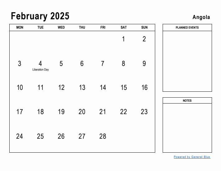 February 2025 Printable Monthly Calendar with Angola Holidays