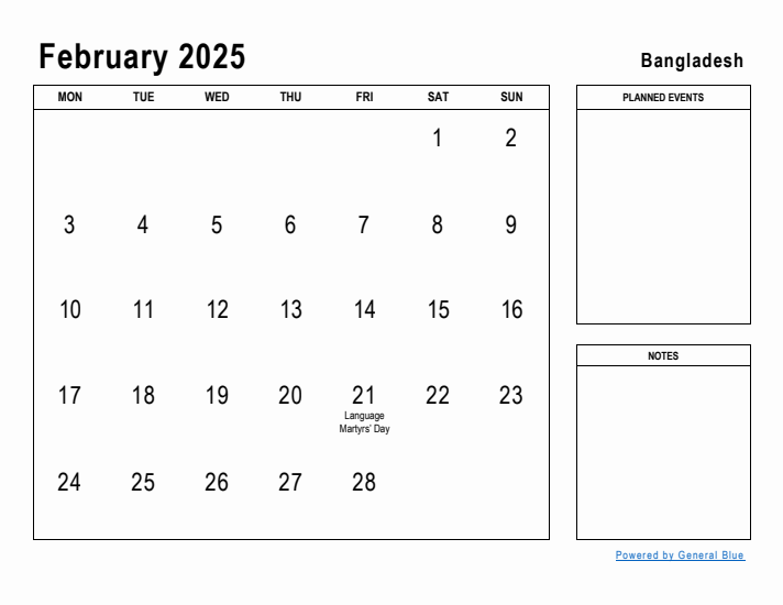 February 2025 Printable Monthly Calendar with Bangladesh Holidays