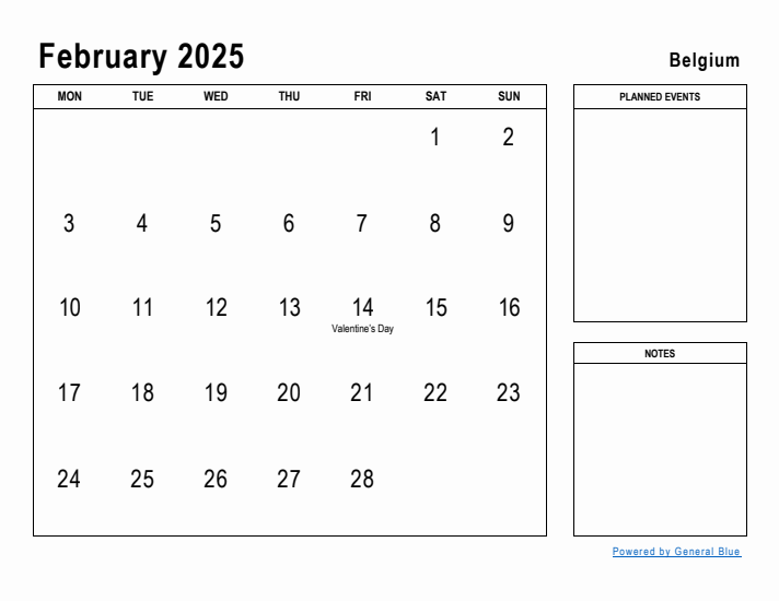 February 2025 Printable Monthly Calendar with Belgium Holidays