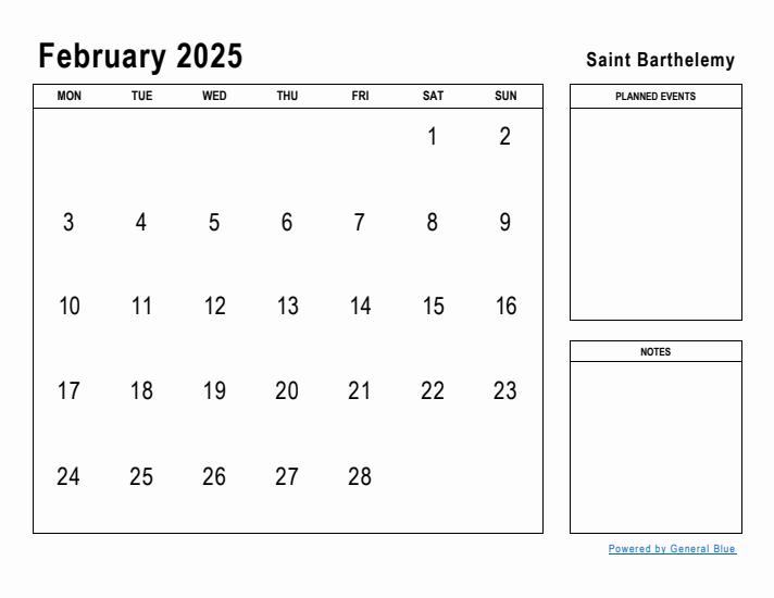 February 2025 Printable Monthly Calendar with Saint Barthelemy Holidays