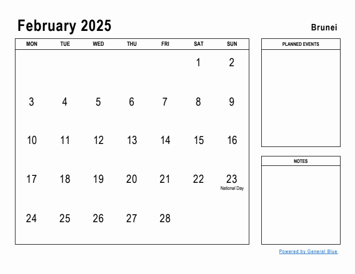 February 2025 Printable Monthly Calendar with Brunei Holidays