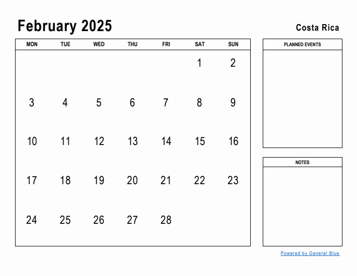 February 2025 Printable Monthly Calendar with Costa Rica Holidays