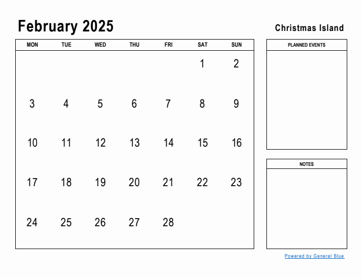 February 2025 Printable Monthly Calendar with Christmas Island Holidays