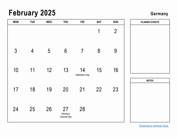 February 2025 Printable Monthly Calendar with Germany Holidays