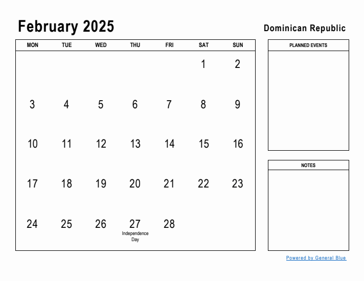 February 2025 Printable Monthly Calendar with Dominican Republic Holidays