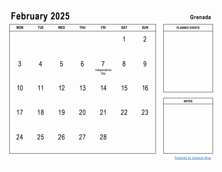 February 2025 Printable Monthly Calendar with Grenada Holidays