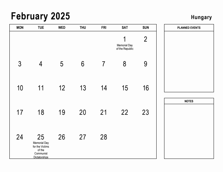 February 2025 Printable Monthly Calendar with Hungary Holidays