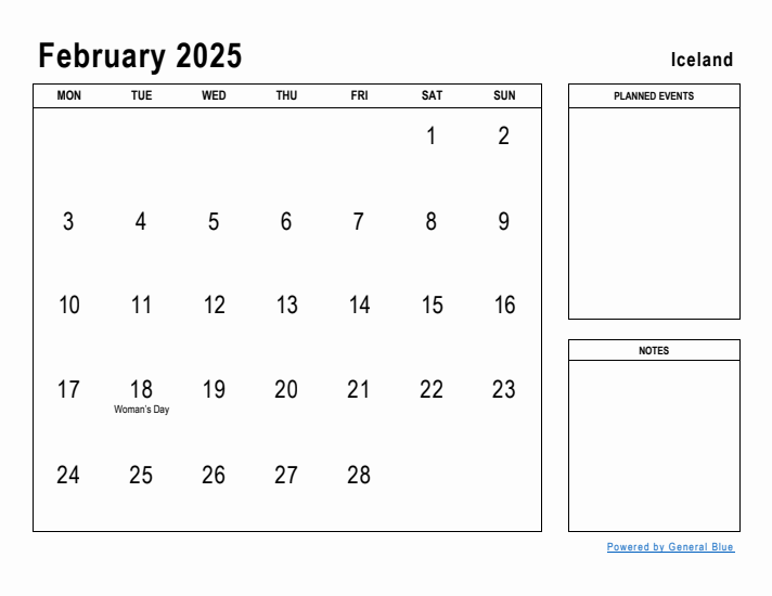 February 2025 Printable Monthly Calendar with Iceland Holidays