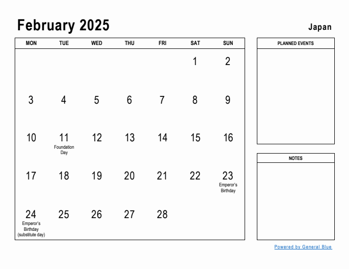 February 2025 Printable Monthly Calendar with Japan Holidays