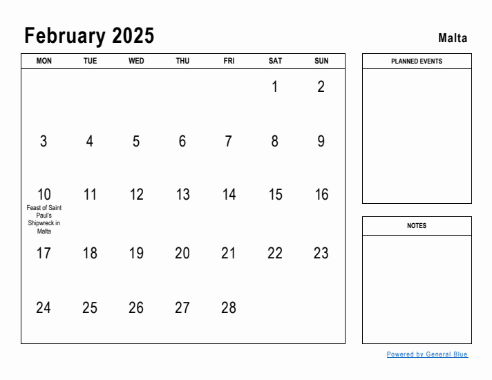 February 2025 Printable Monthly Calendar with Malta Holidays