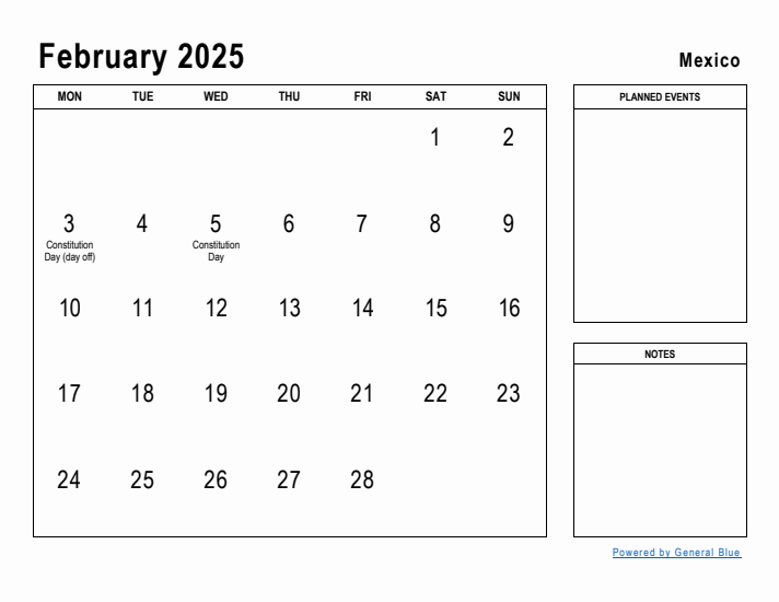 February 2025 Printable Monthly Calendar with Mexico Holidays