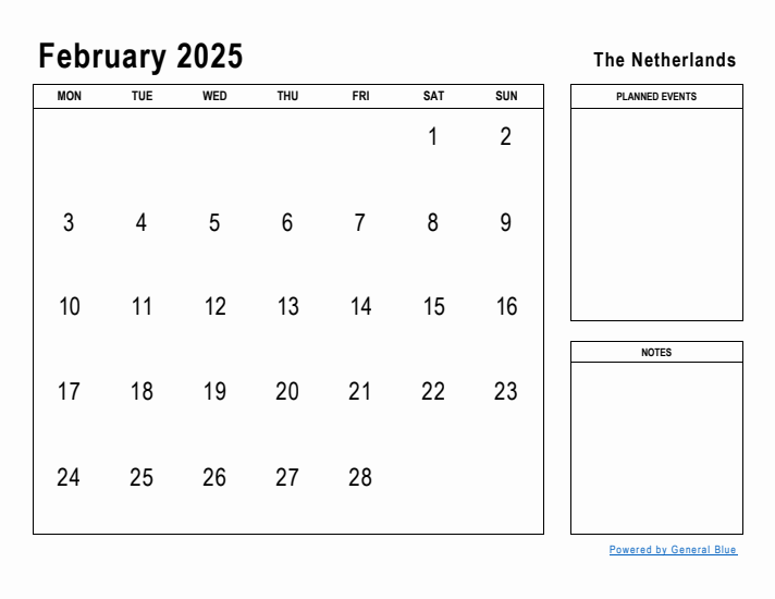 February 2025 Printable Monthly Calendar with The Netherlands Holidays