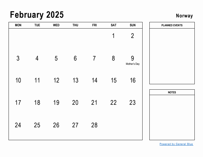 February 2025 Printable Monthly Calendar with Norway Holidays