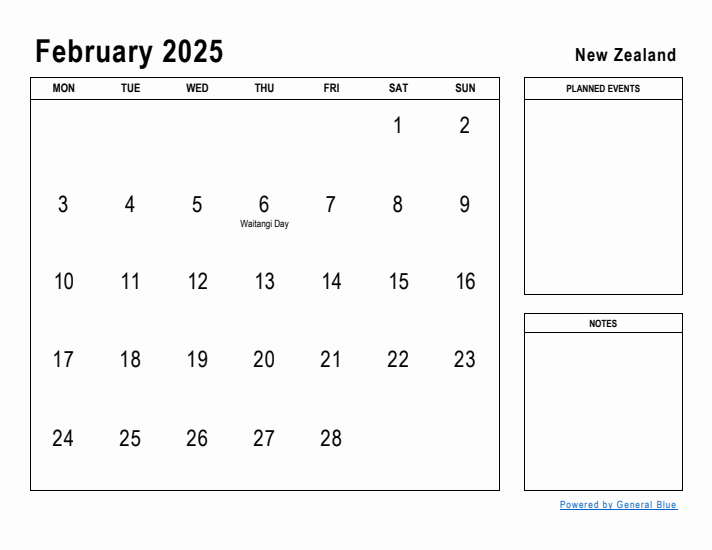 February 2025 Printable Monthly Calendar with New Zealand Holidays