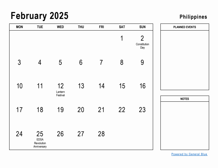 February 2025 Printable Monthly Calendar with Philippines Holidays