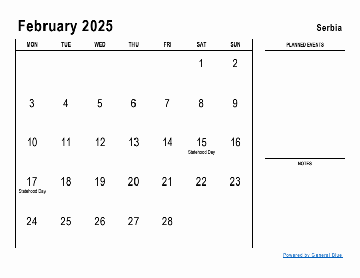 February 2025 Printable Monthly Calendar with Serbia Holidays