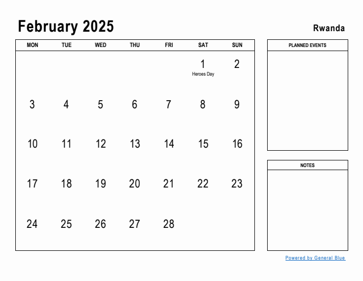 February 2025 Printable Monthly Calendar with Rwanda Holidays