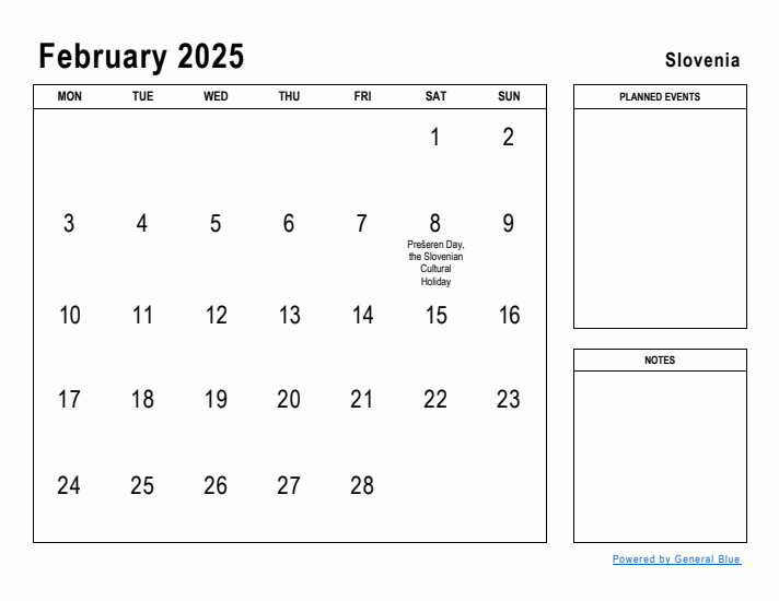 February 2025 Printable Monthly Calendar with Slovenia Holidays