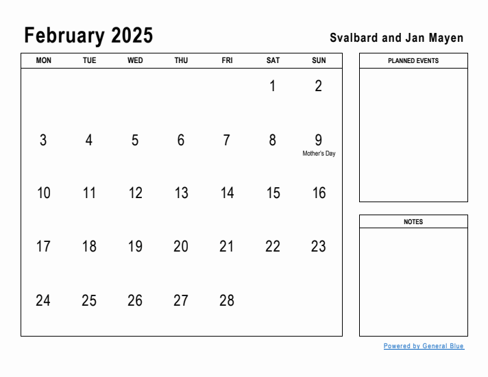 February 2025 Printable Monthly Calendar with Svalbard and Jan Mayen Holidays