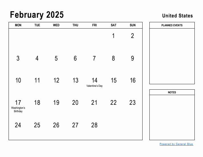 February 2025 Printable Monthly Calendar with United States Holidays