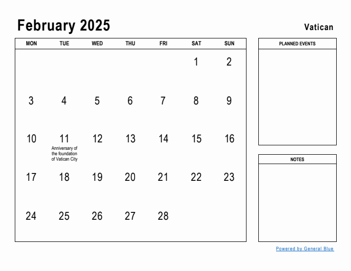 February 2025 Printable Monthly Calendar with Vatican Holidays