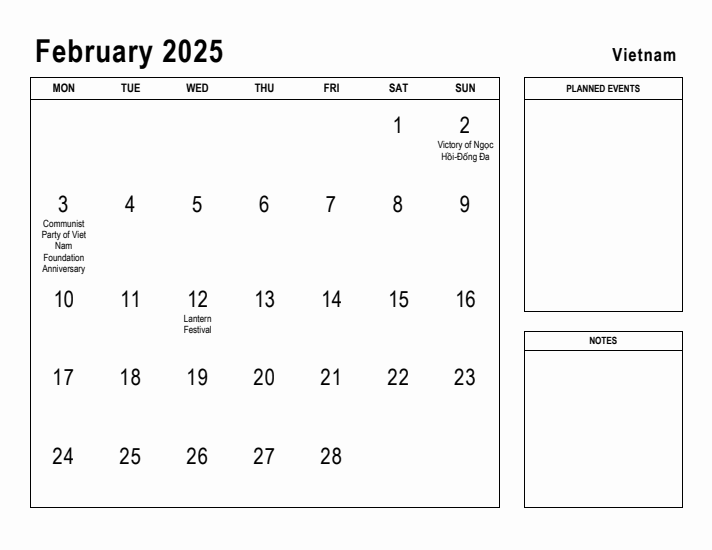 February 2025 Printable Monthly Calendar with Vietnam Holidays