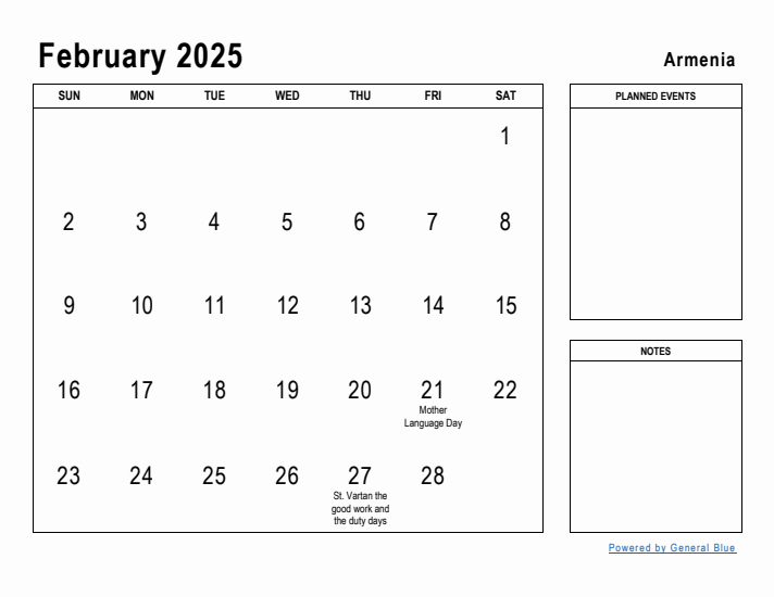 February 2025 Printable Monthly Calendar with Armenia Holidays