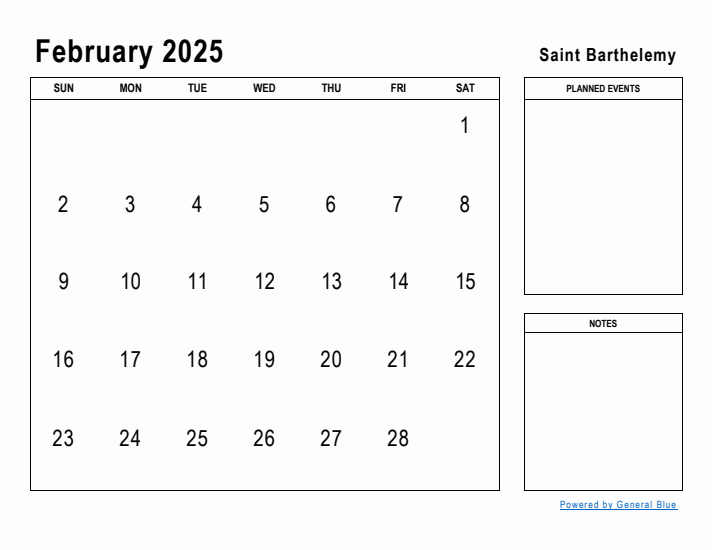 February 2025 Printable Monthly Calendar with Saint Barthelemy Holidays