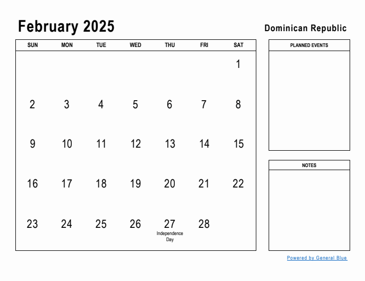 February 2025 Printable Monthly Calendar with Dominican Republic Holidays