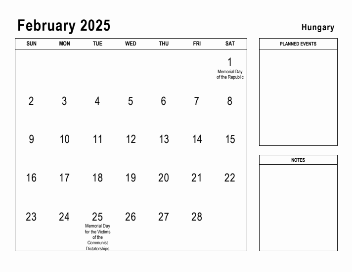 February 2025 Printable Monthly Calendar with Hungary Holidays