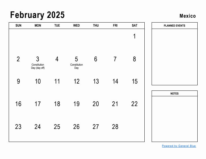 February 2025 Printable Monthly Calendar with Mexico Holidays