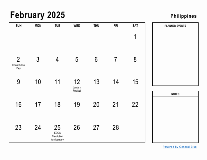 February 2025 Printable Monthly Calendar with Philippines Holidays