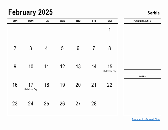 February 2025 Printable Monthly Calendar with Serbia Holidays