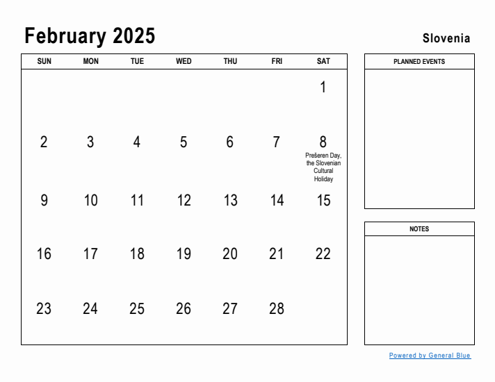 February 2025 Printable Monthly Calendar with Slovenia Holidays