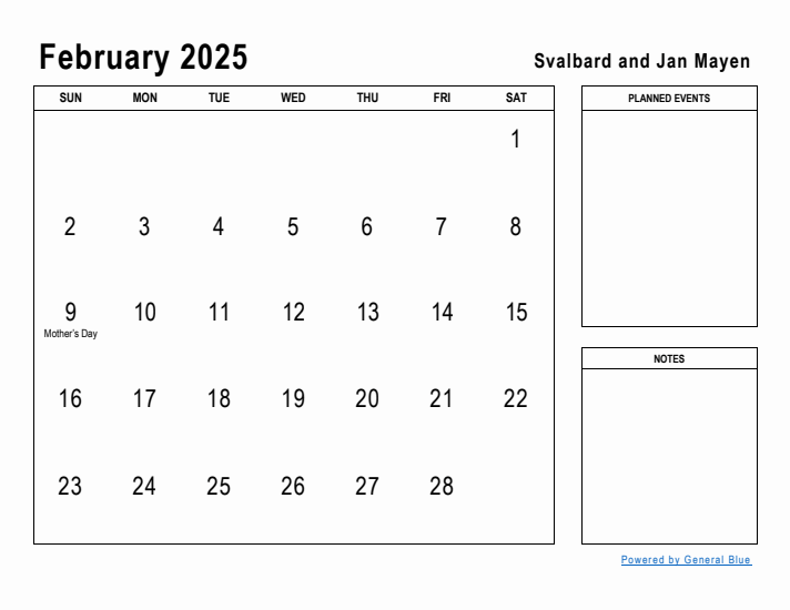 February 2025 Printable Monthly Calendar with Svalbard and Jan Mayen Holidays