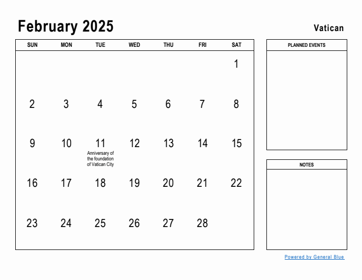 February 2025 Printable Monthly Calendar with Vatican Holidays