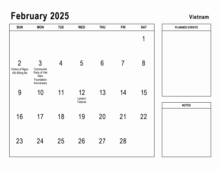 February 2025 Printable Monthly Calendar with Vietnam Holidays