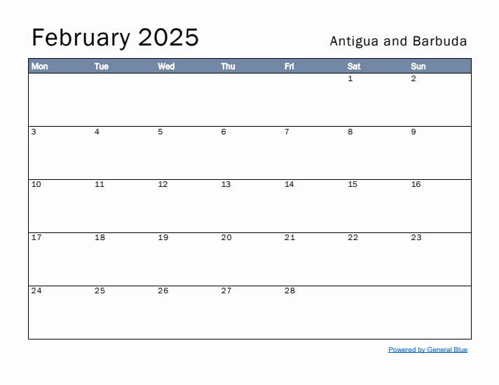 February 2025 Simple Monthly Calendar for Antigua and Barbuda